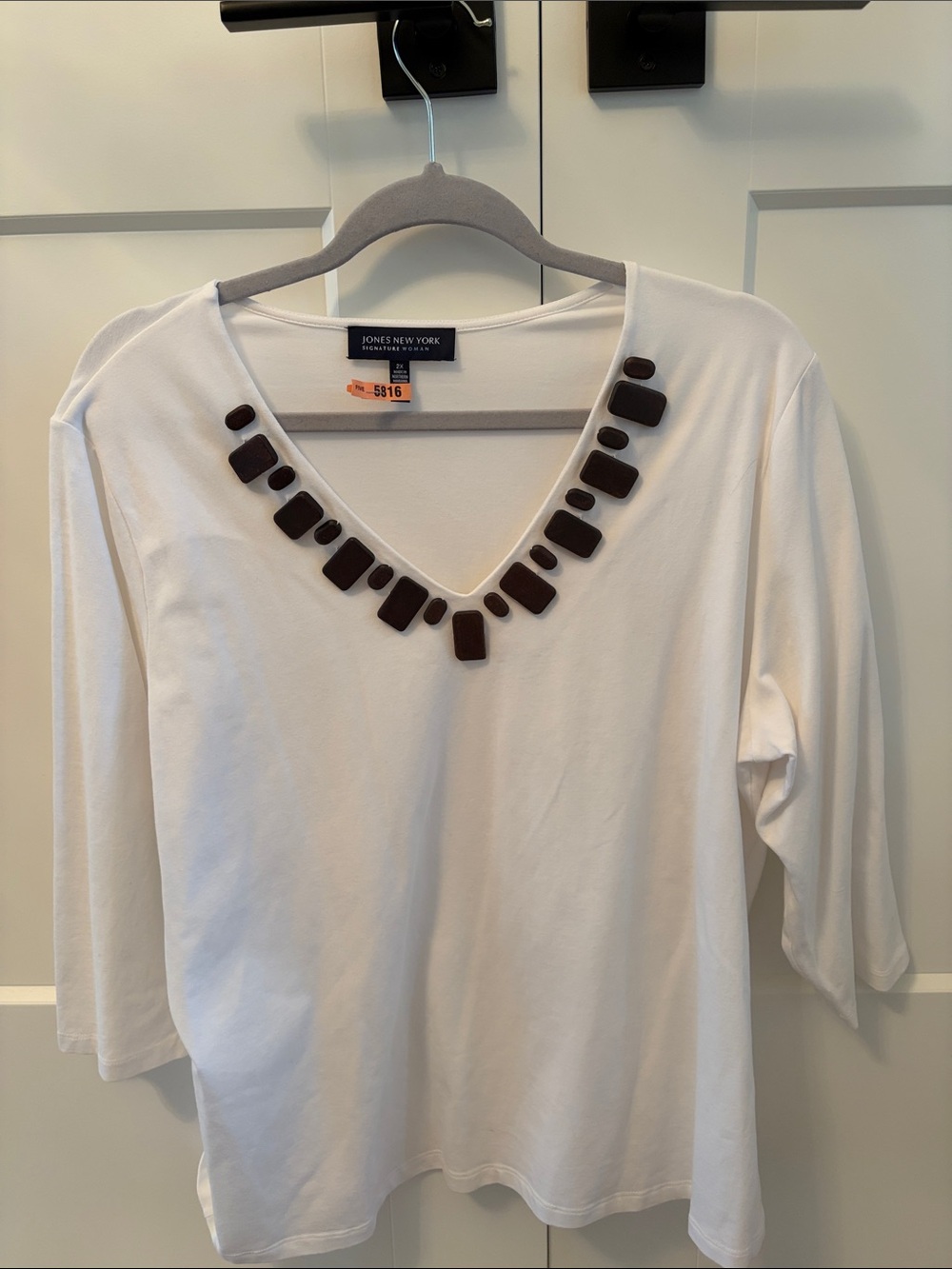 Jones New York White V-Neck Top with Brown Bead Trim